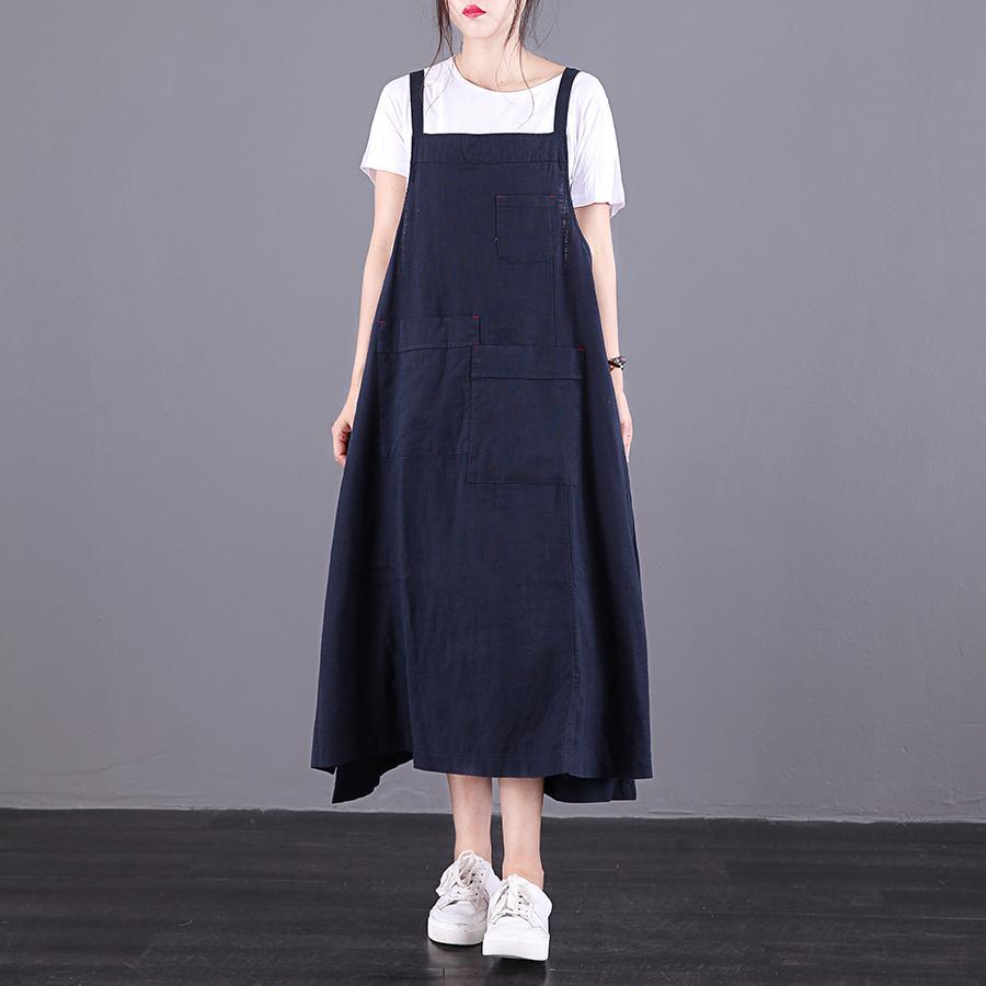 Classy Spaghetti Strap asymmetric cotton dress Wardrobes navy Dress summer - Omychic