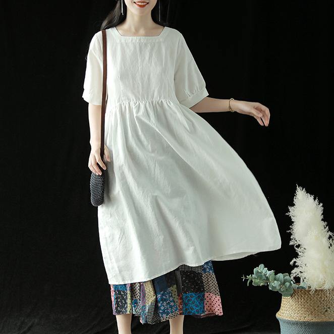 Classy Square Collar wrinkled linen clothes Tutorials white Dresses summer - Omychic