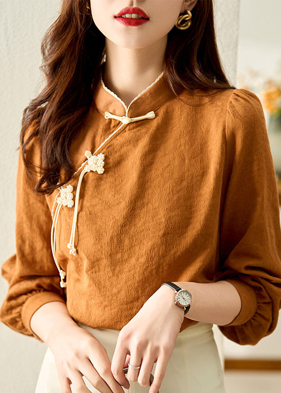 Classy Stand Collar Patchwork Button Tops Spring