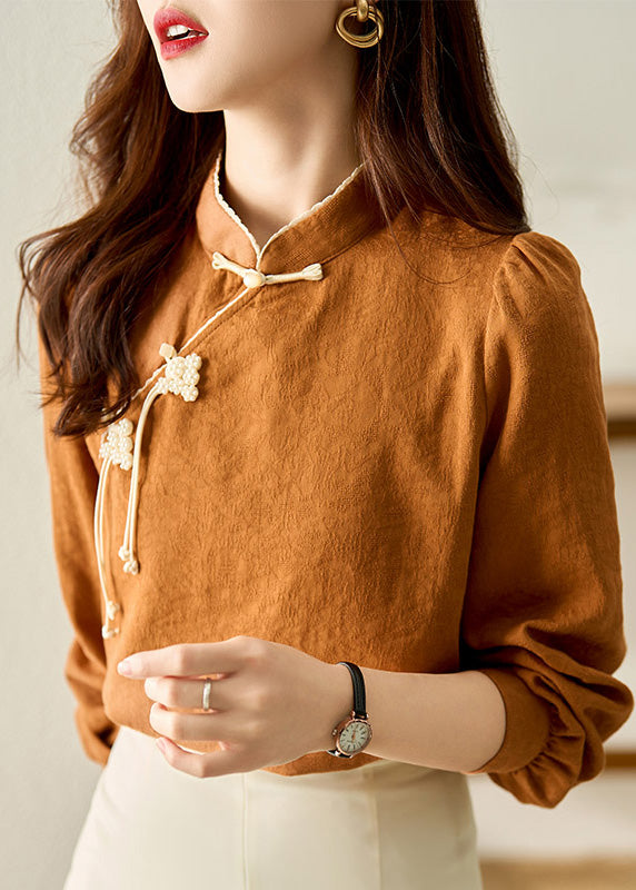 Classy Stand Collar Patchwork Button Tops Spring