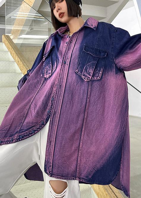 Classy Tie Dye Purple Asymmetrical Design Cotton Long Sleeve Spring Shirt - Omychic