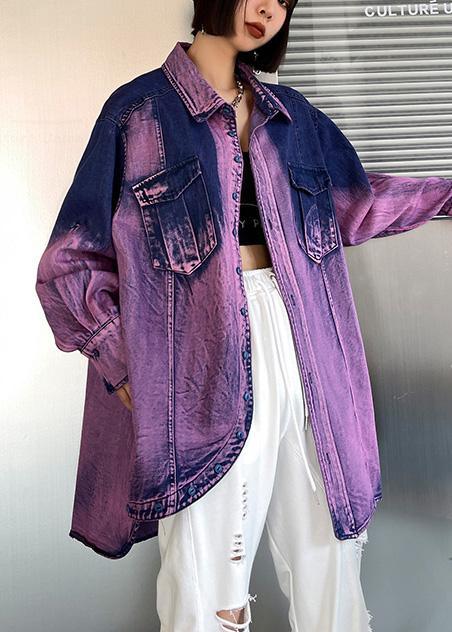 Classy Tie Dye Purple Asymmetrical Design Cotton Long Sleeve Spring Shirt - Omychic