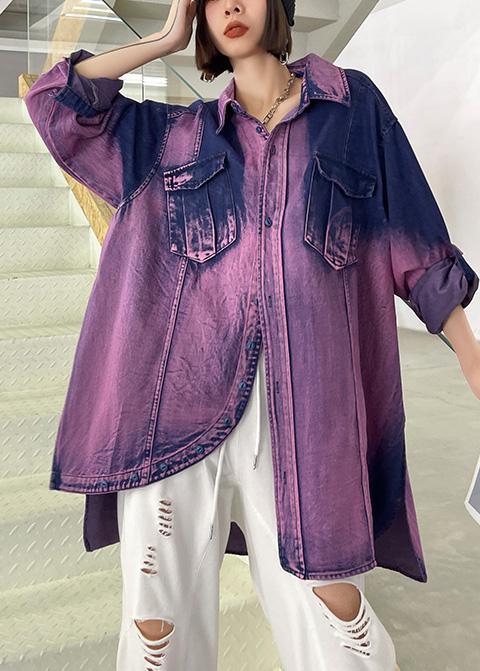 Classy Tie Dye Purple Asymmetrical Design Cotton Long Sleeve Spring Shirt - Omychic