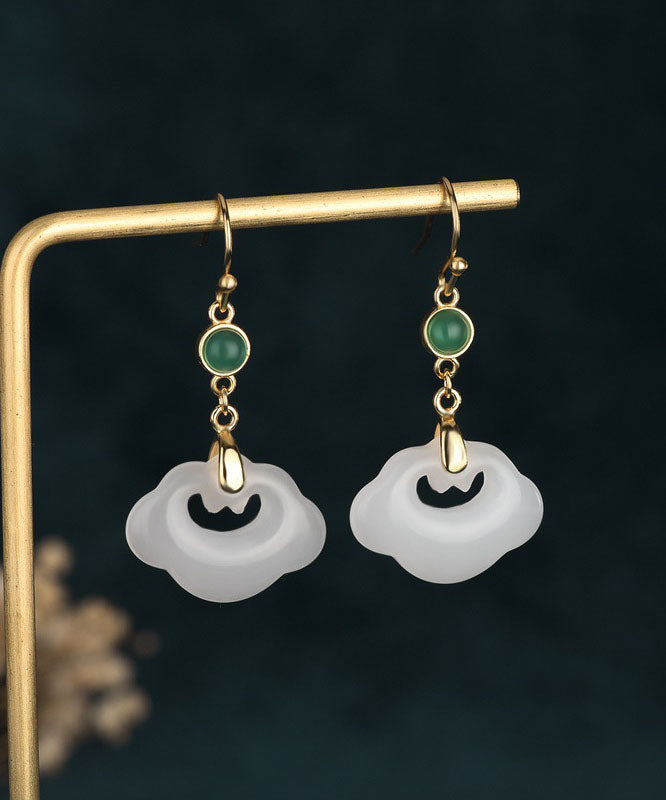 Classy White Ancient Gold Inlaid Gem Stone Jade Drop Earrings