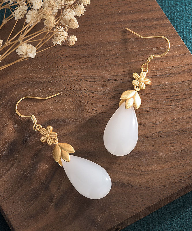 Classy White Ancient Gold Jade Floral Water Drop Drop Earrings