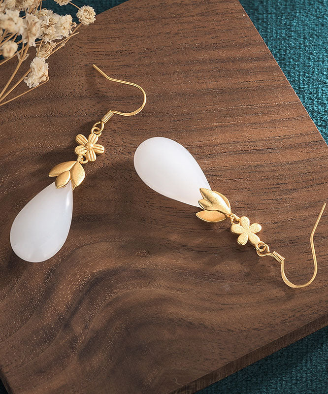 Classy White Ancient Gold Jade Floral Water Drop Drop Earrings