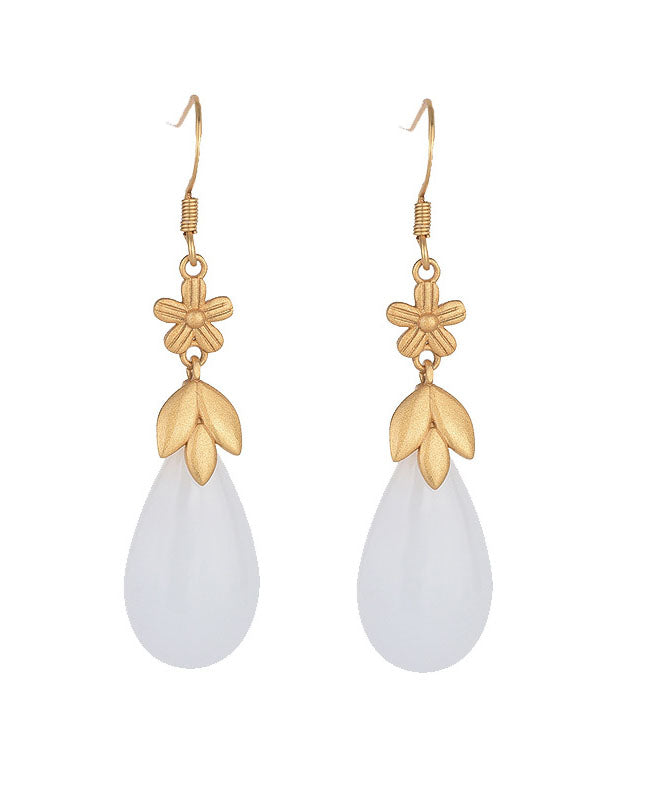 Classy White Ancient Gold Jade Floral Water Drop Drop Earrings