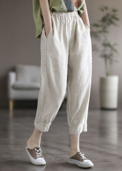 Classy White Elastic Waist Pockets Lace Patchwork Linen Crop Pants Fall