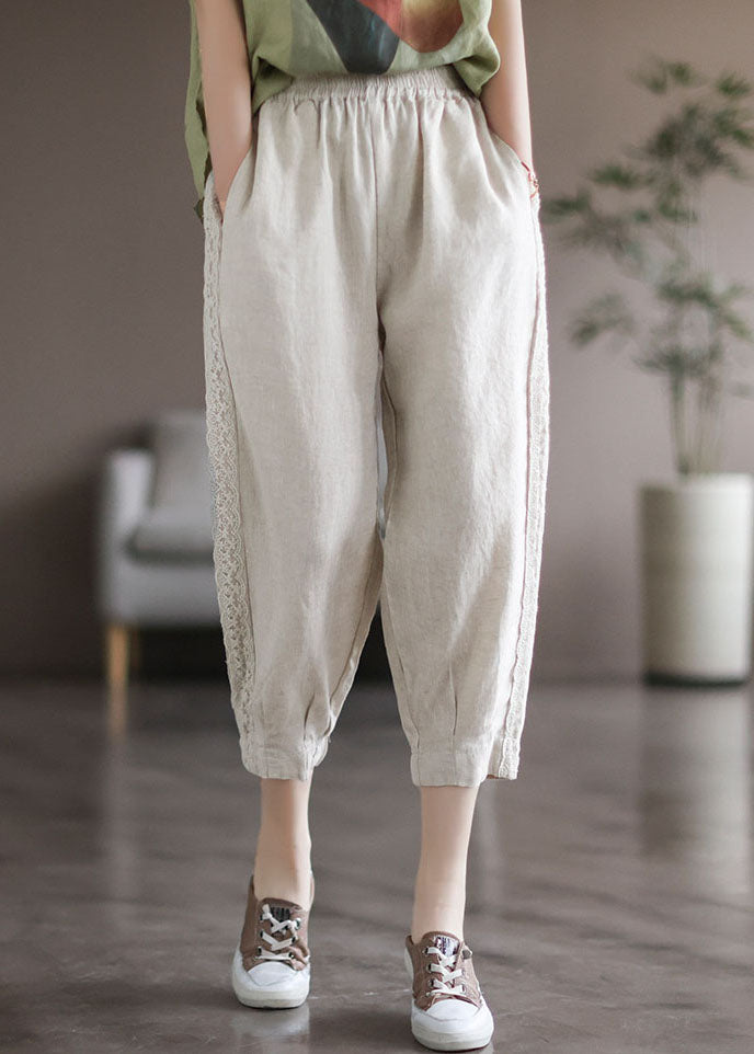 Classy White Elastic Waist Pockets Lace Patchwork Linen Crop Pants Fall
