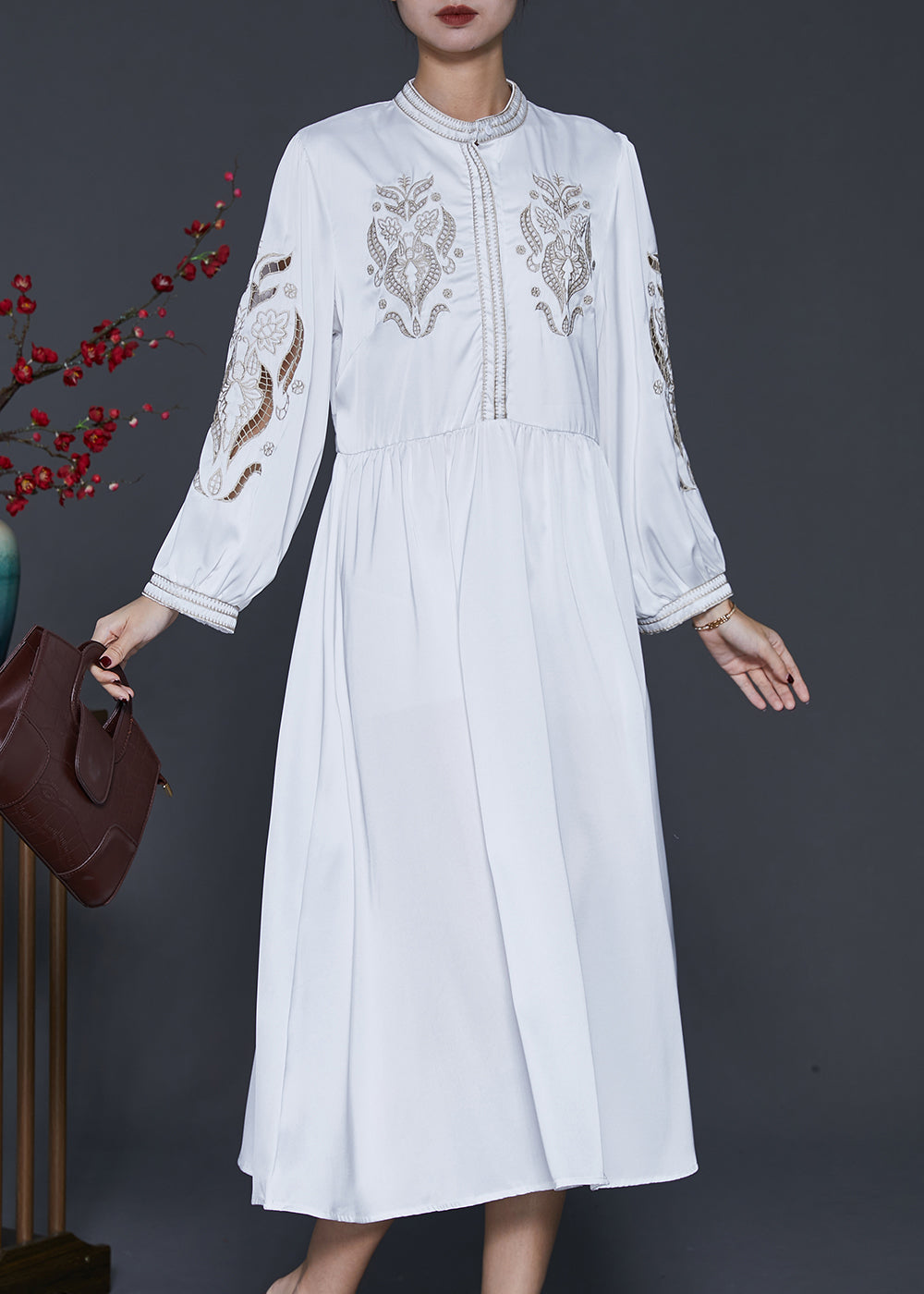 Classy White Embroidered Exra Large Hem Silk Long Dress Spring