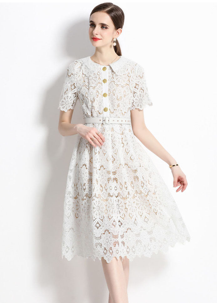 Classy White Hollow Out Embroideried Sashes Lace Dress Summer