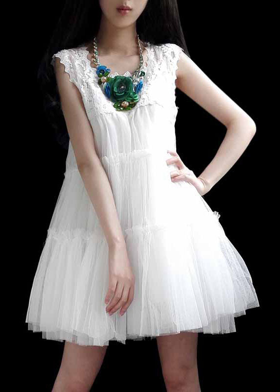 Classy White Lace Patchwork Ruffled Tulle Dresses Sleeveless