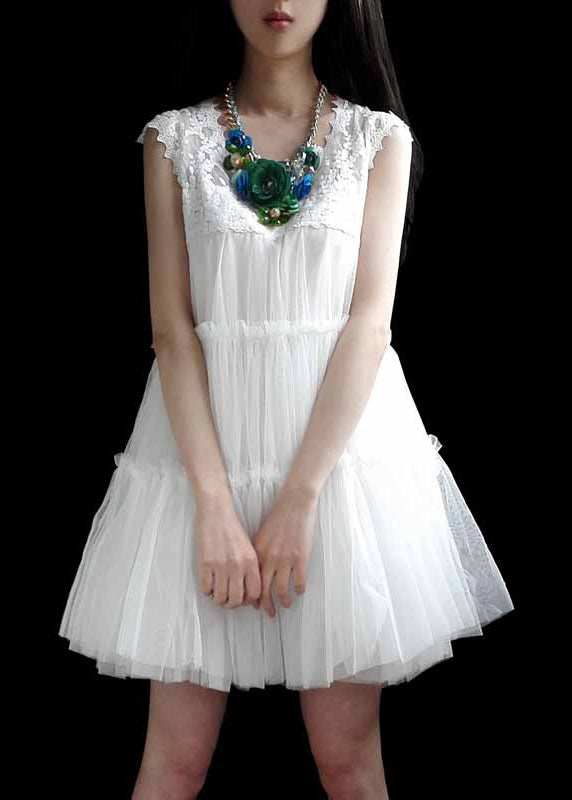 Classy White Lace Patchwork Ruffled Tulle Dresses Sleeveless