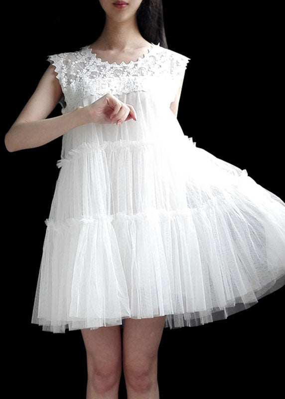 Classy White Lace Patchwork Ruffled Tulle Dresses Sleeveless