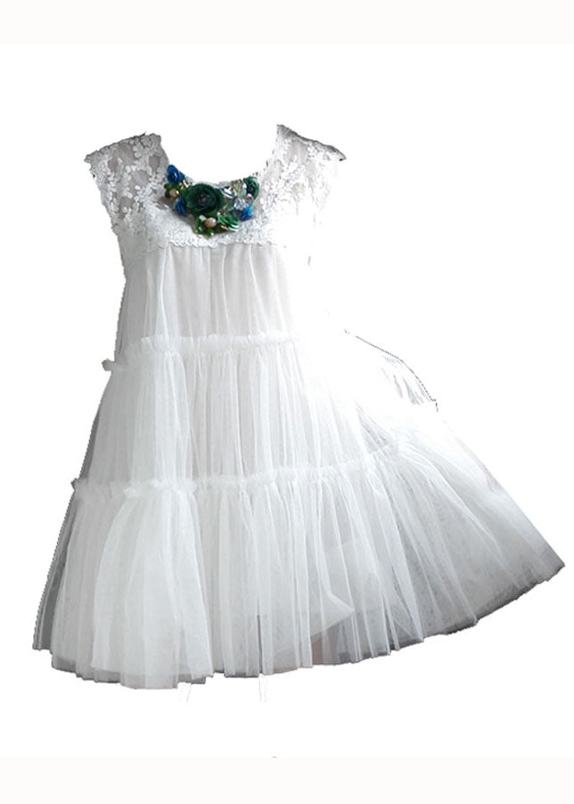 Classy White Lace Patchwork Ruffled Tulle Dresses Sleeveless