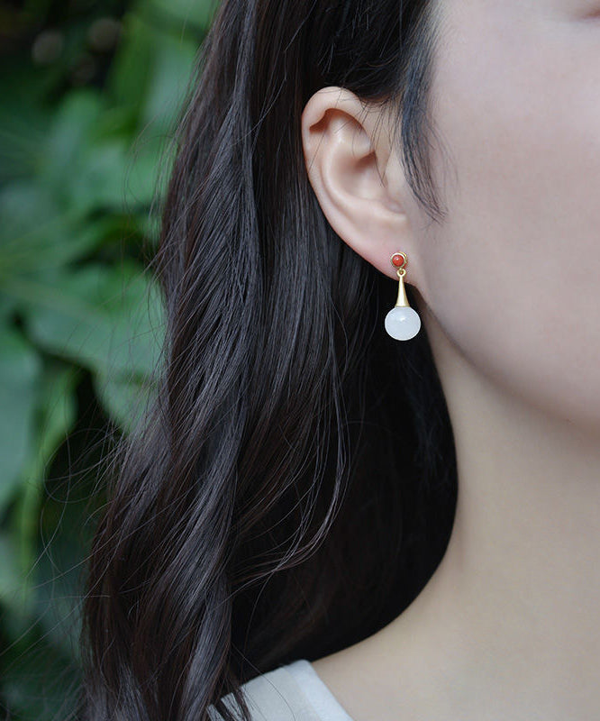 Classy White Metal Inlaid Jade Stud Earrings