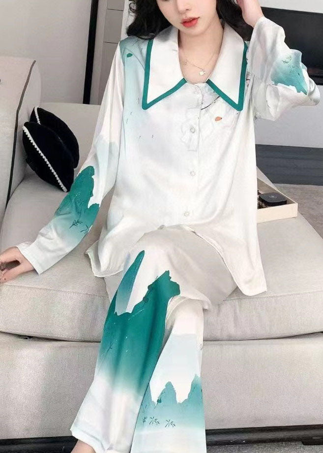 Classy White Mountains-and-waters Painting Ice Silk Pajamas Two Piece Set Women Clothing Spring