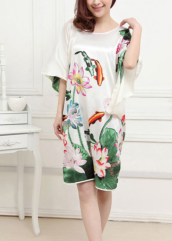 Classy White O-Neck Lotus Mid Dress Summer