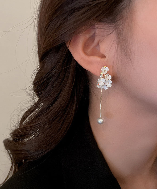 Classy White Overgild Zircon Pearl Floral Tassle Drop Earrings