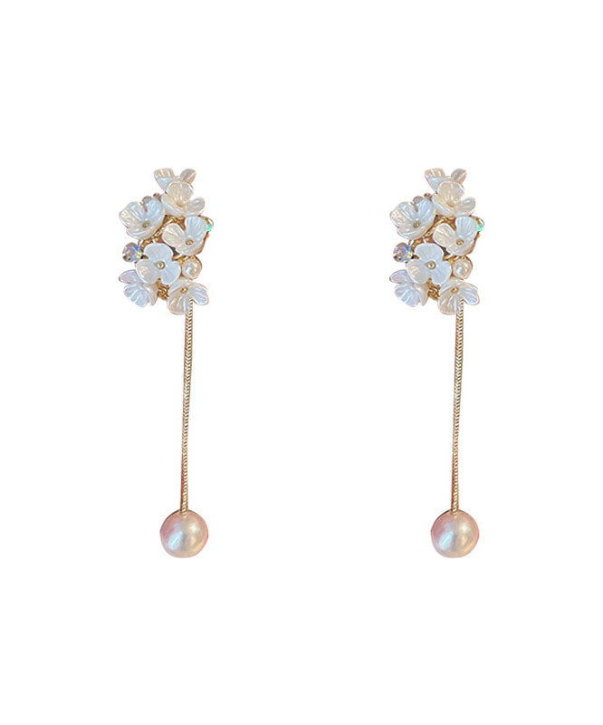 Classy White Overgild Zircon Pearl Floral Tassle Drop Earrings
