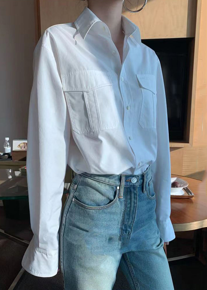 Classy White Peter Pan Collar Button Patchwork Cotton Shirts Fall