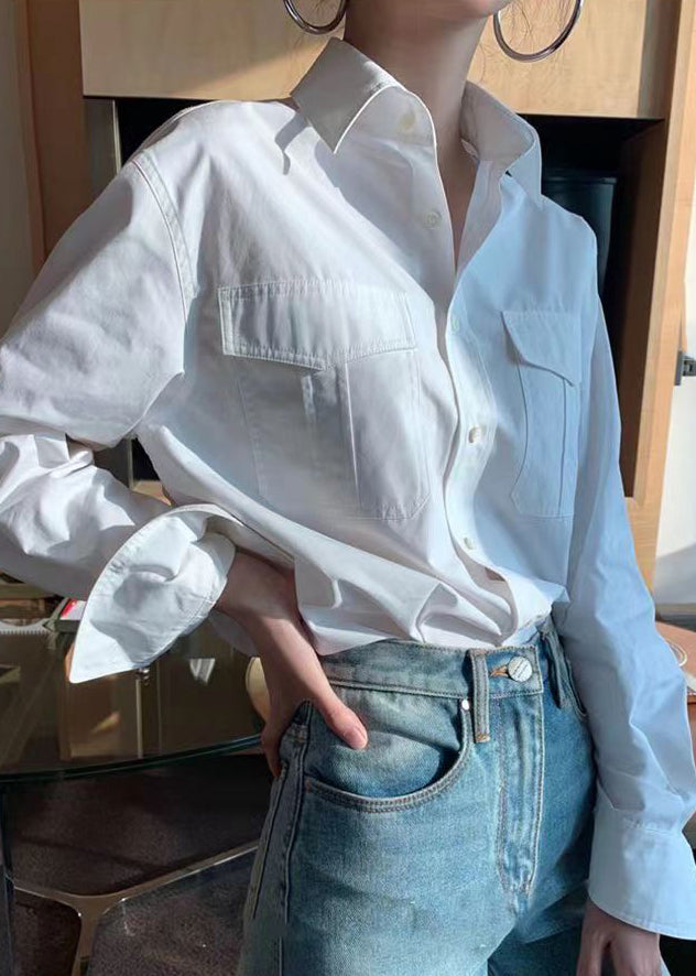 Classy White Peter Pan Collar Button Patchwork Cotton Shirts Fall