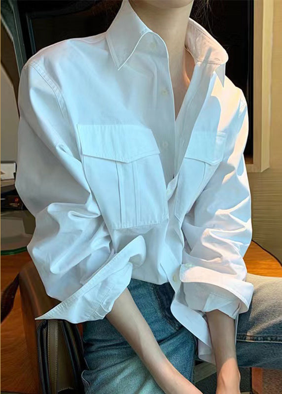 Classy White Peter Pan Collar Button Patchwork Cotton Shirts Fall