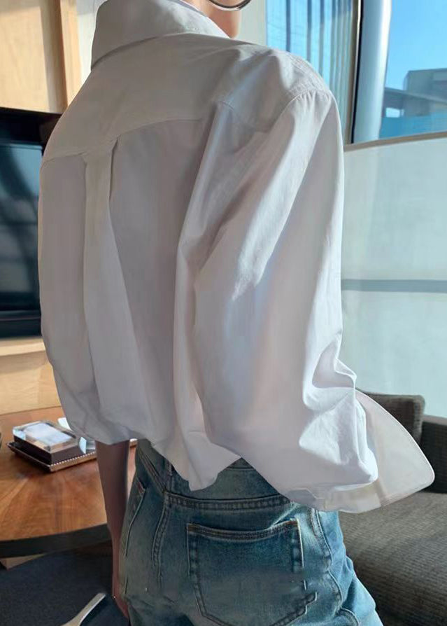 Classy White Peter Pan Collar Button Patchwork Cotton Shirts Fall