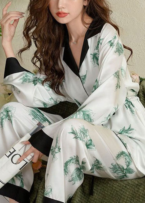 Classy White Print Patchwork Tie Waist Ice Silk Pajamas Two Piece Set Spring