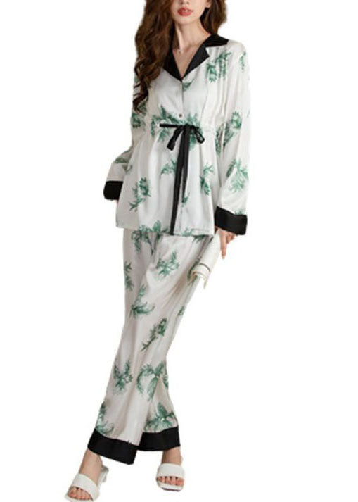 Classy White Print Patchwork Tie Waist Ice Silk Pajamas Two Piece Set Spring