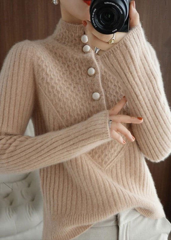 Classy White Stand Collar Button Thick Patchwork Knitted Sweaters Fall