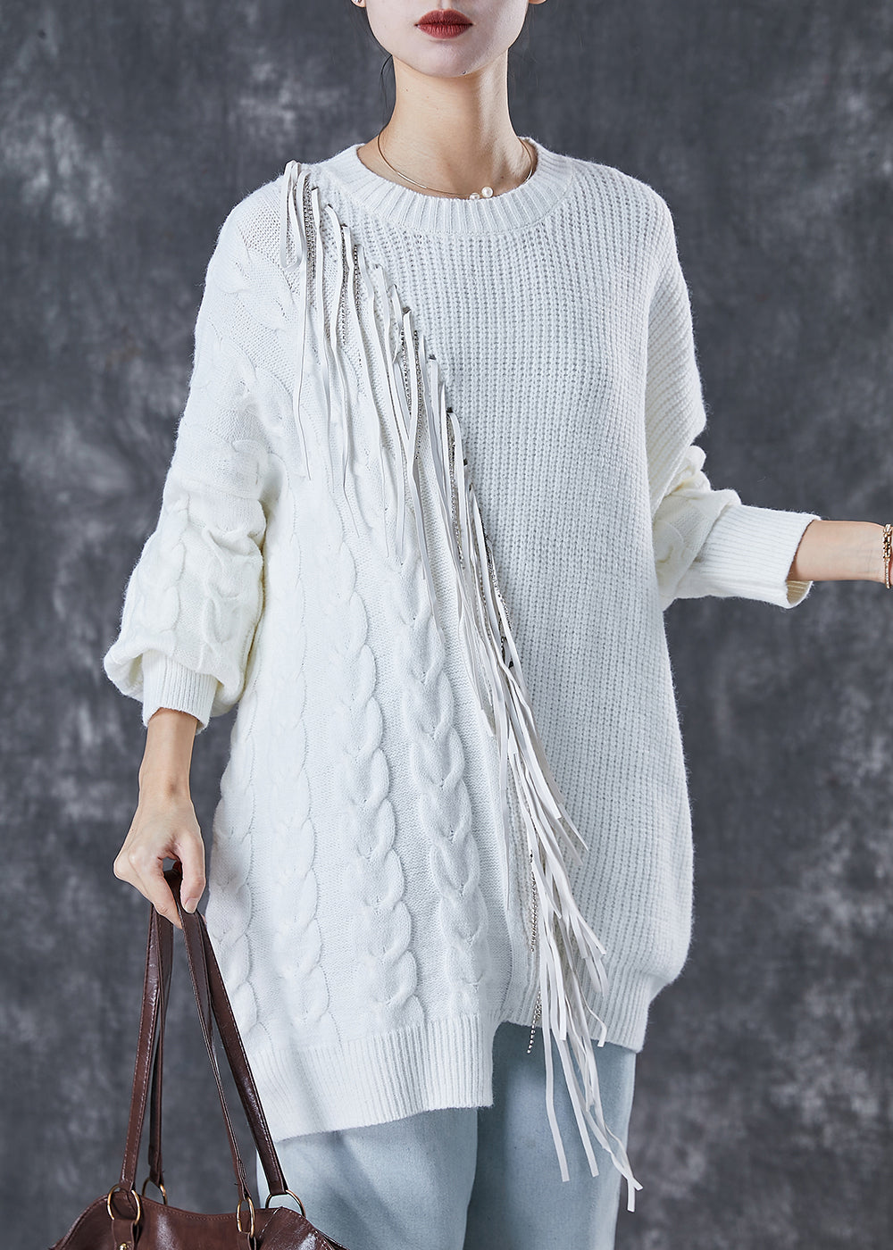 Classy White Tasseled Patchwork Knit Knit Sweater Dress Winter