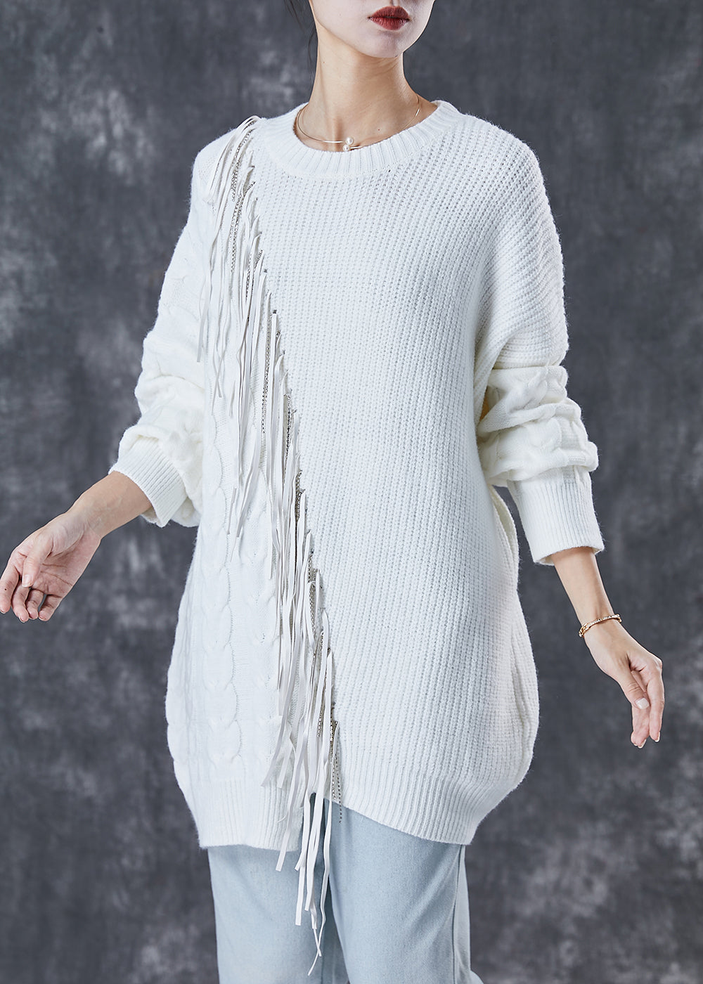 Classy White Tasseled Patchwork Knit Knit Sweater Dress Winter