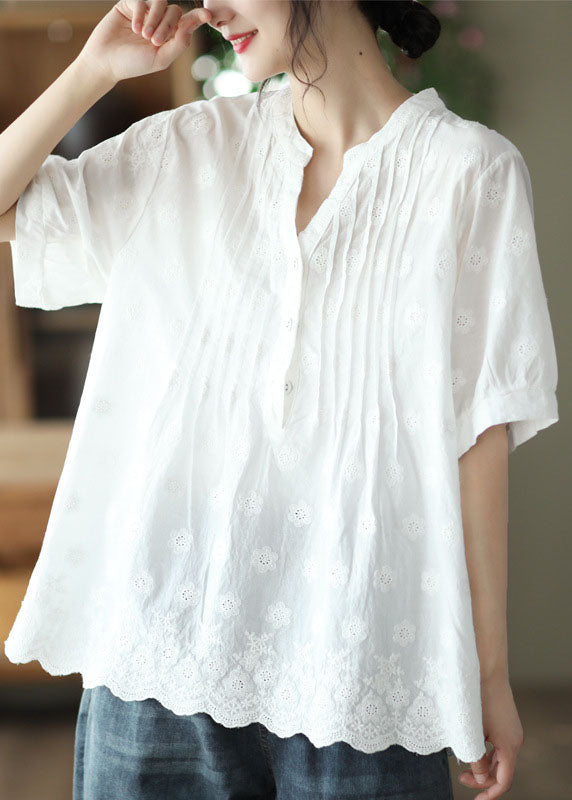Classy White V Neck Embroideried Patchwork Cotton Shirt Top Summer