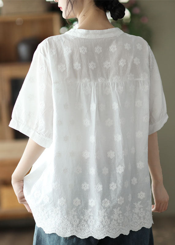 Classy White V Neck Embroideried Patchwork Cotton Shirt Top Summer