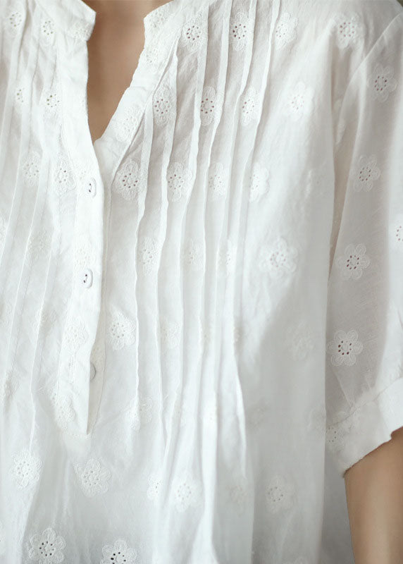 Classy White V Neck Embroideried Patchwork Cotton Shirt Top Summer