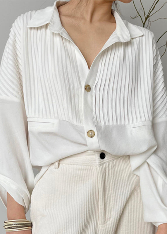 Classy White Wrinkled Button Patchwork Cotton Blouses Fall