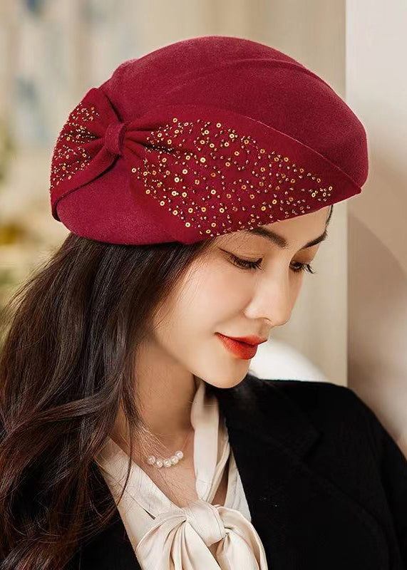 Classy Wine Red Bow Sequins Patchwork Woolen Beret Hat