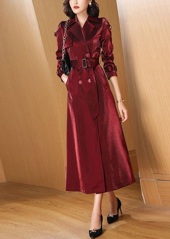 Classy Wine Red Pockets Tie Waist Cotton Long Trench Coats Fall