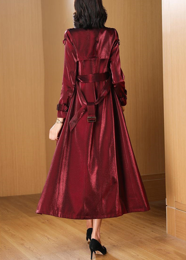 Classy Wine Red Pockets Tie Waist Cotton Long Trench Coats Fall