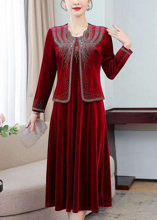 Classy Wine Red Zircon Coat And Waistcoat Dress Silk Velour Two Pieces Set Fall