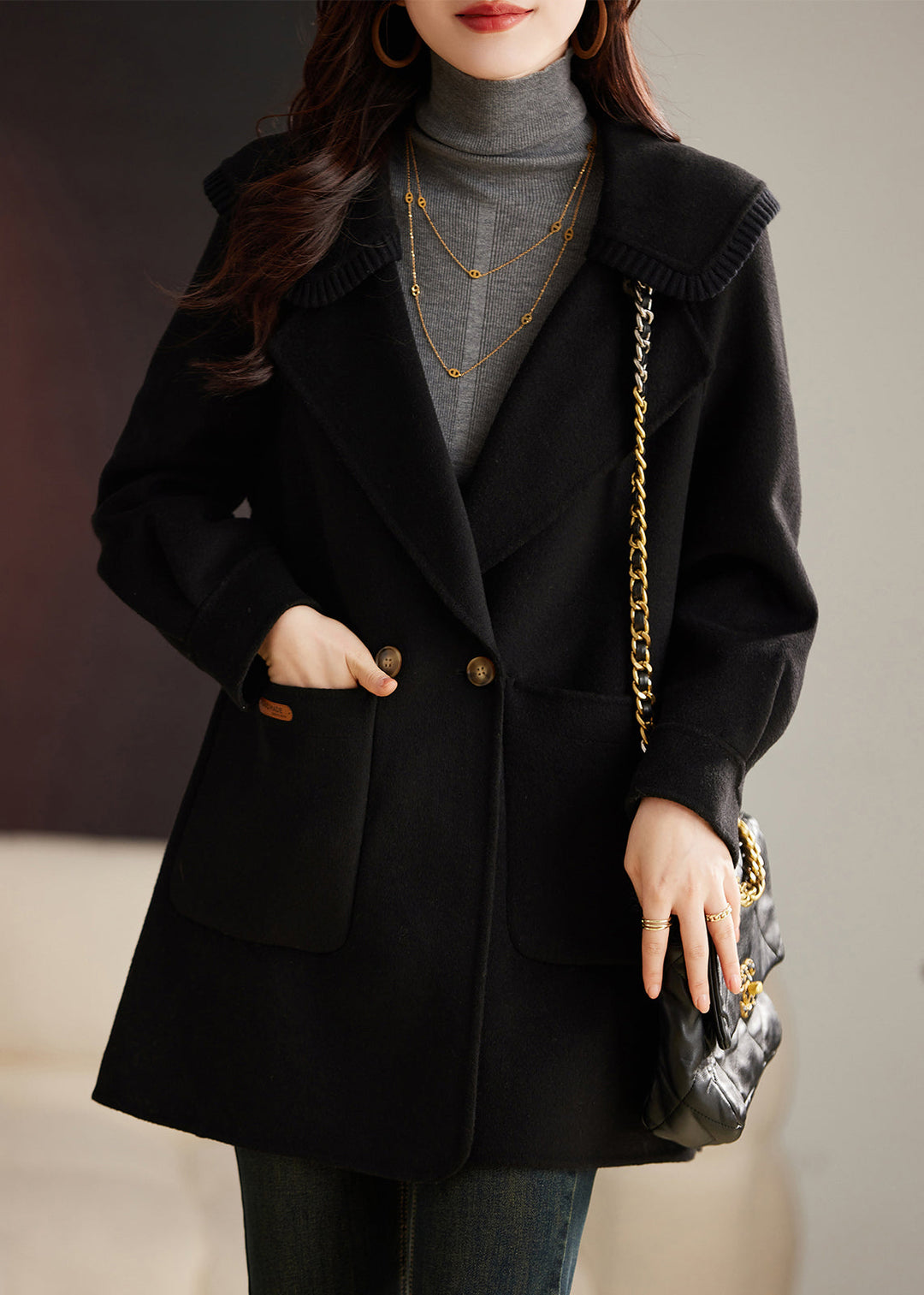 Classy Yellow Button Pockets Patchwork Wool Coat Long Sleeve