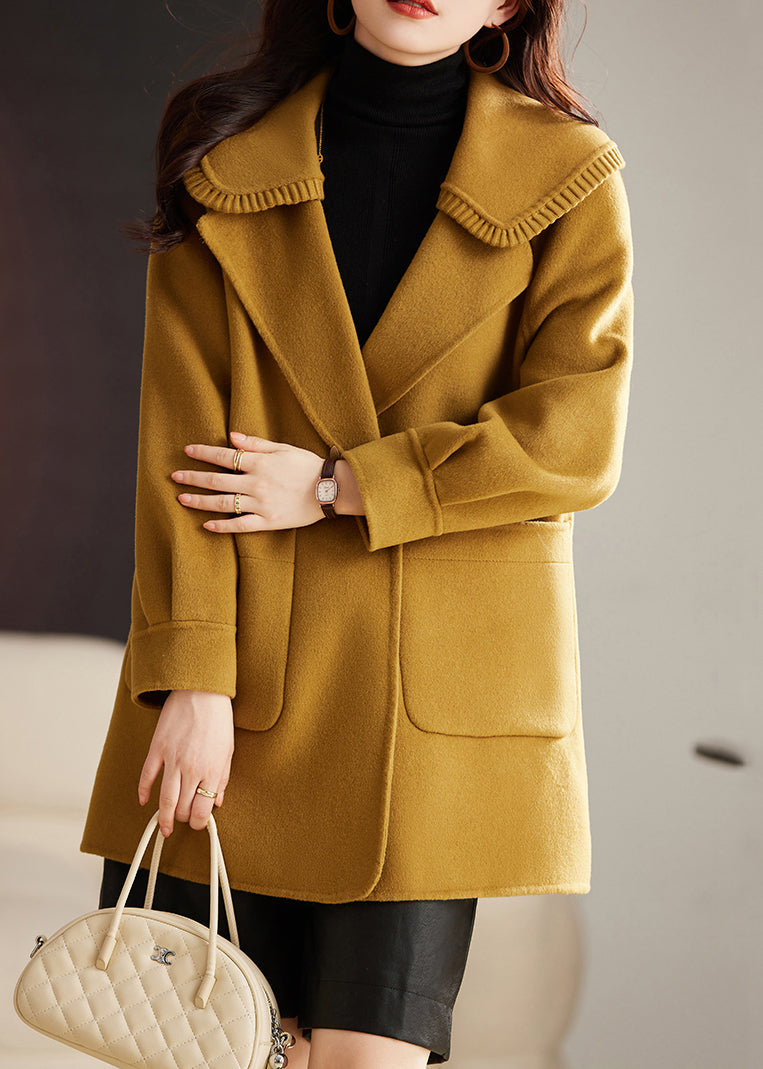 Classy Yellow Button Pockets Patchwork Wool Coat Long Sleeve