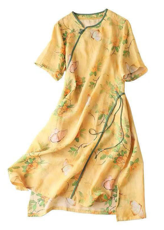 Classy Yellow Button Print Patchwork Cotton Dresses Summer