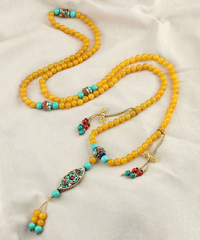 Classy Yellow Copper Alloy Agate Beading Tassel Pendant Necklace