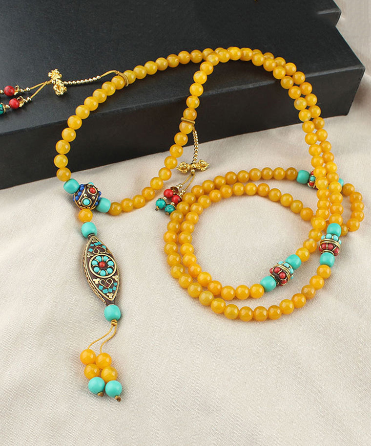 Classy Yellow Copper Alloy Agate Beading Tassel Pendant Necklace