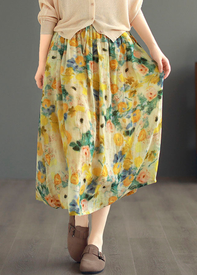 Classy Yellow Drawstring Wrinkled Print Patchwork Linen Skirts Summer