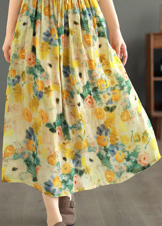 Classy Yellow Drawstring Wrinkled Print Patchwork Linen Skirts Summer