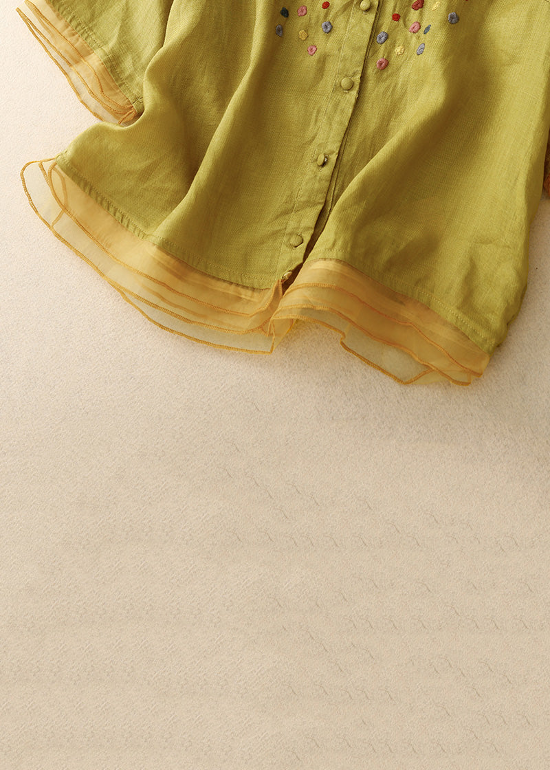 Classy Yellow Embroideried Button Cotton Blouses Spring
