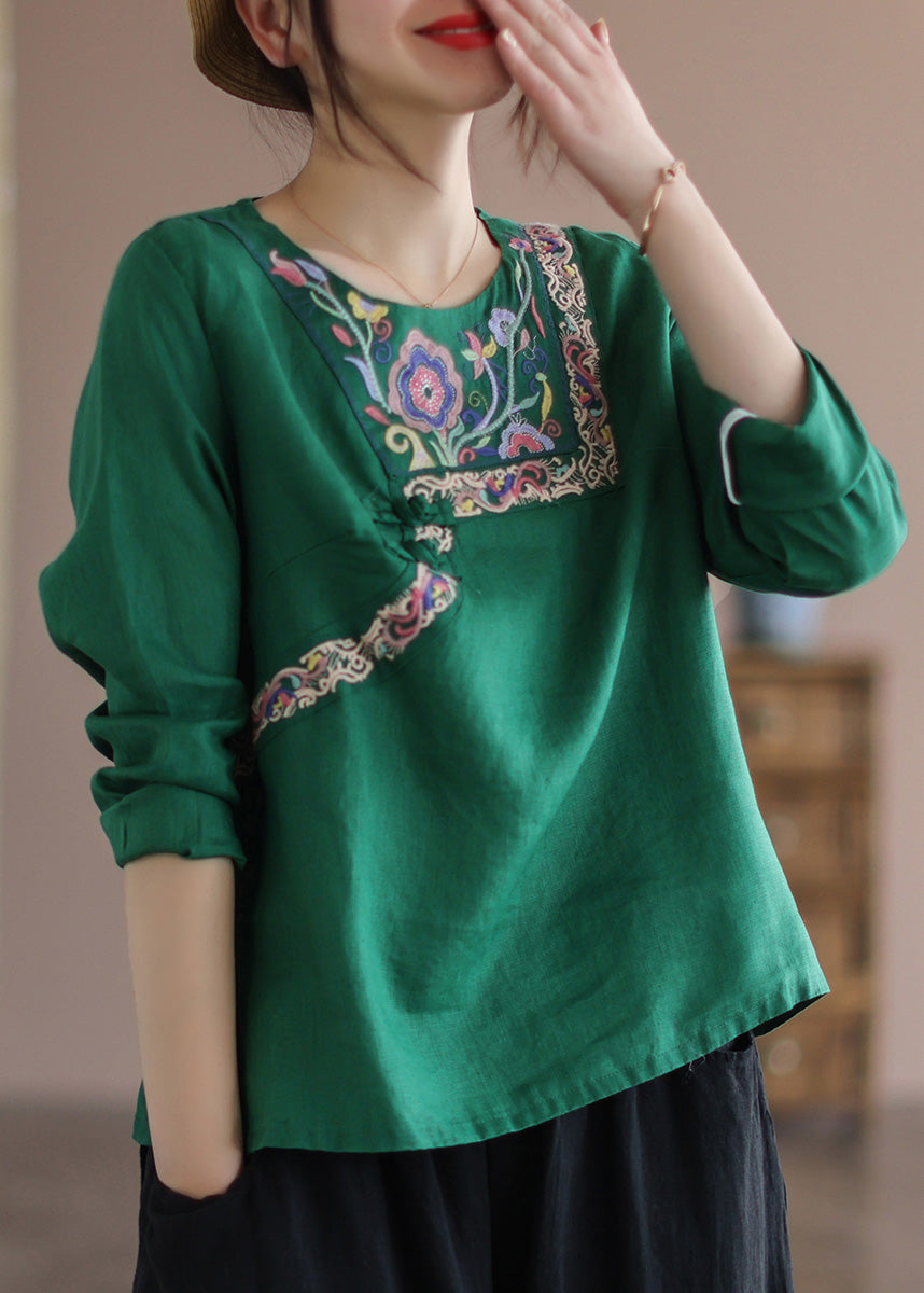 Classy Yellow O-Neck Embroideried Floral Linen Tops Long Sleeve